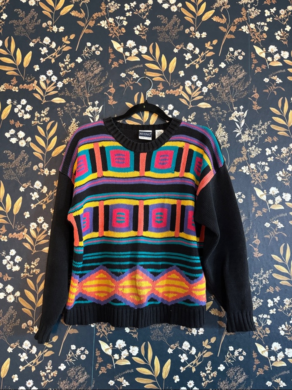 NUOVO Colorblock Knit Sweater Charcoal Teal Yellow Pink Purple Stripes -Flawed S